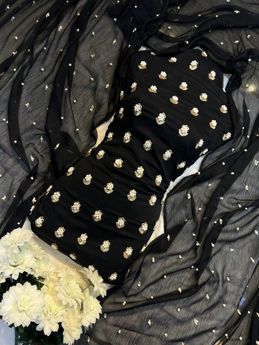 7Pearls Luxury Soft Chiffon Unstitched 3-Piece – Elegant Formal Collection (black)