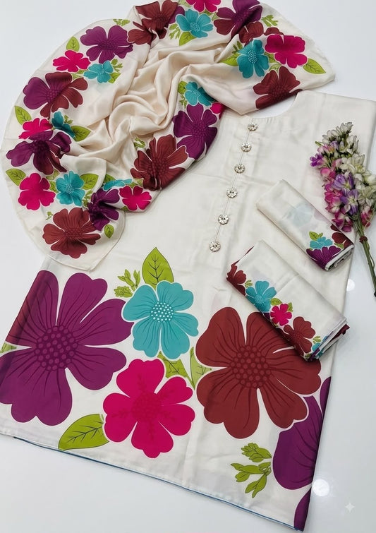 DIGITAL PRINT SHALMOZE Silk 3pcs(Cream-multi flowers)