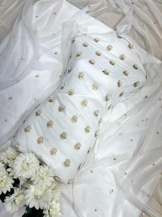 7Pearls Luxury Soft Chiffon Unstitched 3-Piece – Elegant Formal Collection (pure white)