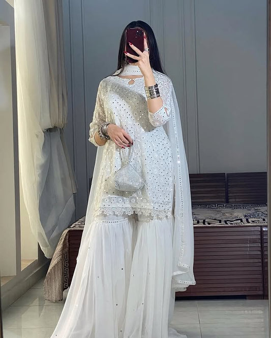 R-P 786  HEAVY EMBROIDERY CHIFFON 3PCS UNSTICH DRESS (WHITE)