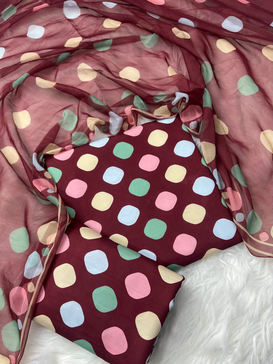 Digital printed swiss lawn unstich 3pcs( mehroon polka)