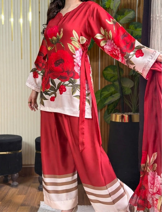 DIGITAL PRINT SHALMOZE Silk 3pcs(Red-Rose)