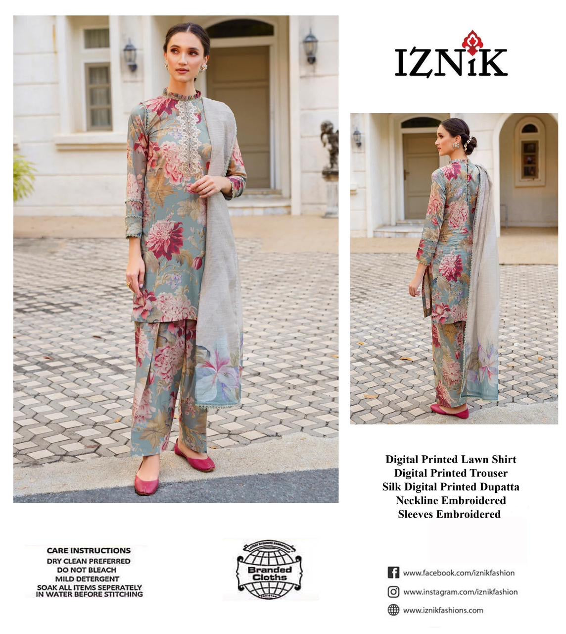 Iznik embroidery lawn 3pcs unstich dress