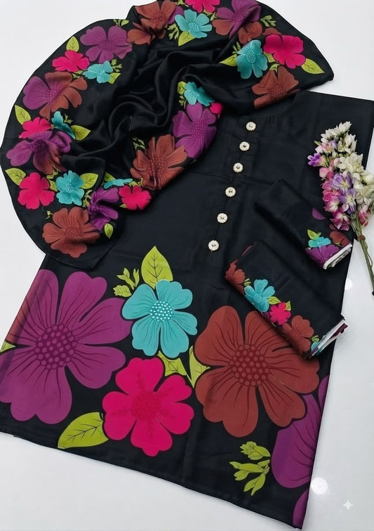 New Digital Print Silk 3pcs unstich(black multi flowers)
