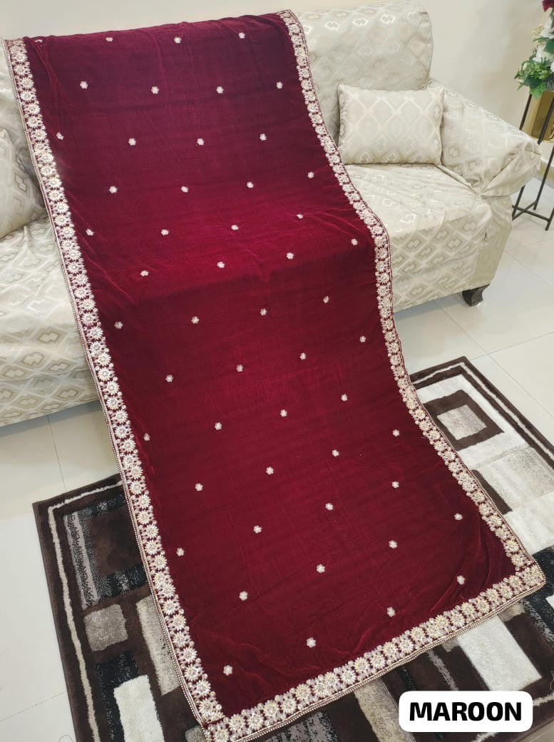 Velvet Embroidered Shawl - mehroon