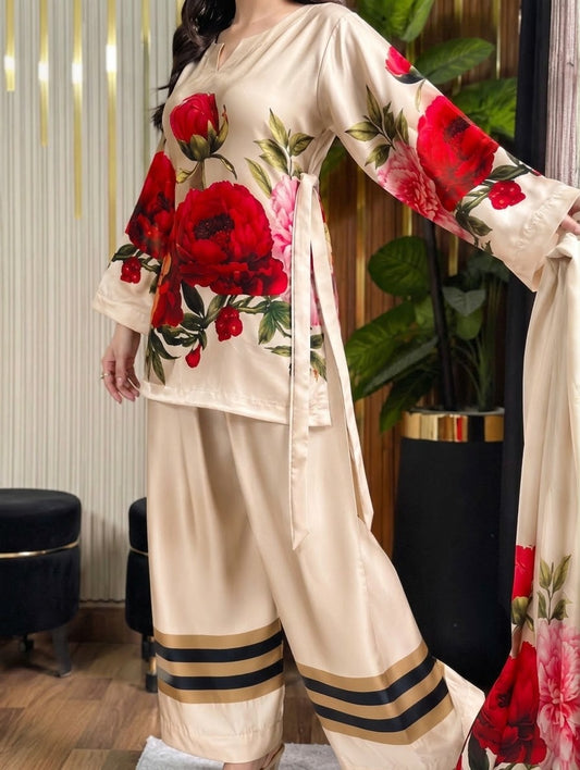 DIGITAL PRINT SHALMOZE SILK 3pcs(cream-roses)