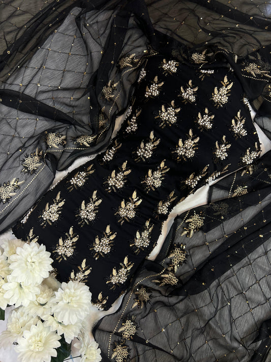 Soft Chiffon  – Fine Pearls  3pcs unstich Dress (black)