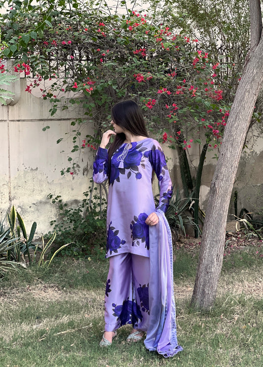 DIGITAL PRINT SHALMOZE Silk unstich 3pcs(lavender floral)