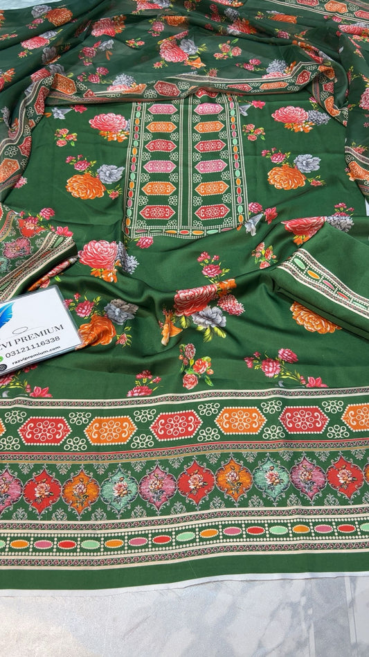 ANEELAS Digital Print Silk 3pcs(green floral)