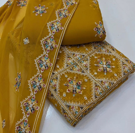 Chiffon Resham Multi Embroidery 3piece(musterd)
