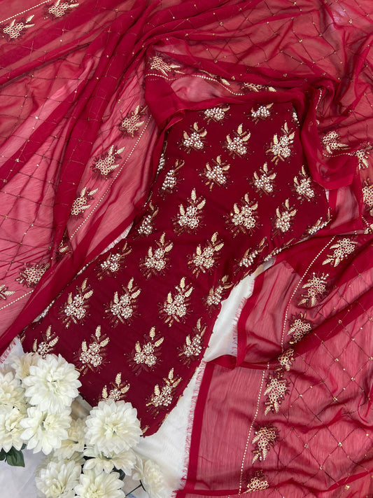 Soft Chiffon  – Fine Pearls  Embroidery | 3PC (dark mehoon)