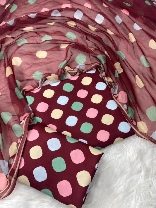 Digital printed swiss lawn unstich 3pcs( mehroon polka)