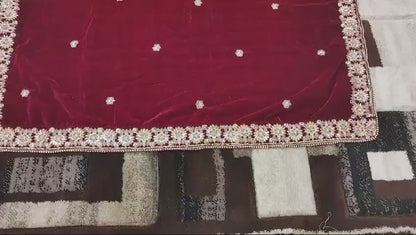 Velvet Embroidered Shawl - mehroon